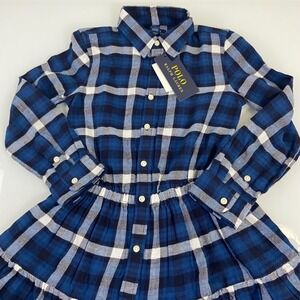 Polo Ralph Lauren Girls Size 5 Blue Plaid Cotton Flannel Tiered Shirt Dress Kids